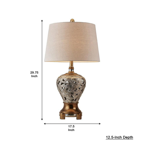 Table Lamp, Polyresin Floral Body, Fabric Shade, Silver, Gold - BM240417