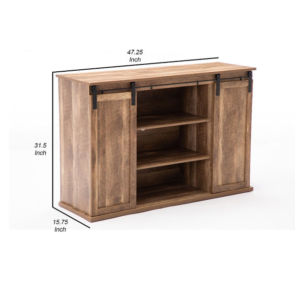 Rustic Media Cabinet with Barn Door and Open Storage, Natural - BM240807