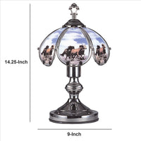 14.25'' Umbrella Shade Glass Table Lamp with Running Horses Print, Silver - BM240856