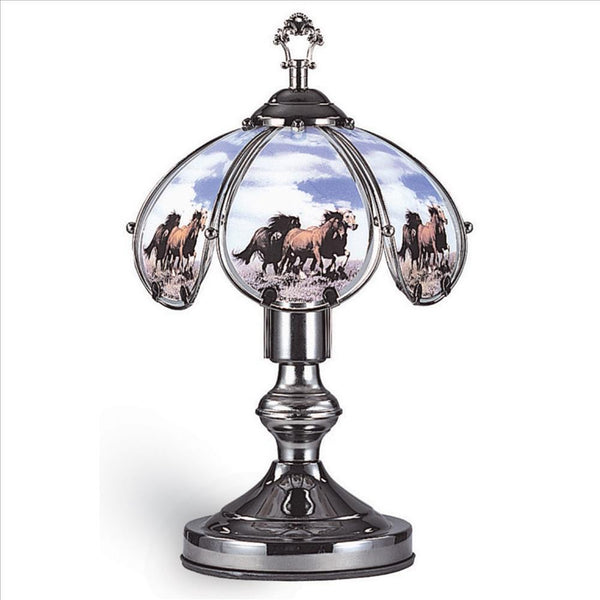 14.25'' Umbrella Shade Glass Table Lamp with Running Horses Print, Silver - BM240856