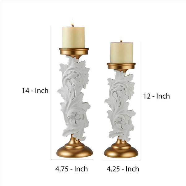 Candleholder with Baroque Scroll Design, Set of 2, White - BM240867