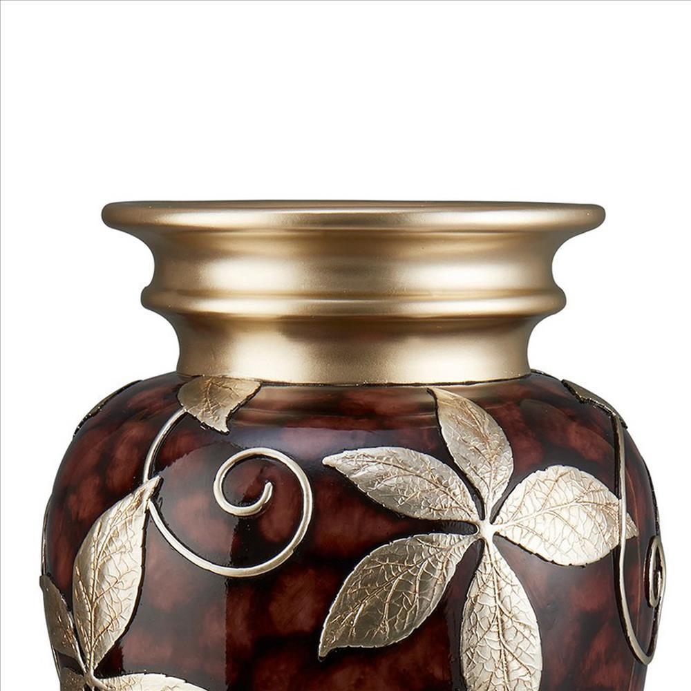 Decor Vase with Urn Shape Body and Foliage Pattern, Brown - BM240873