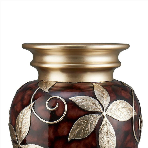 Decor Vase with Urn Shape Body and Foliage Pattern, Brown - BM240873