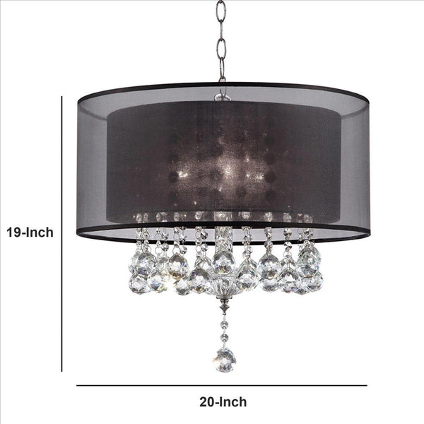 Dual Fabric Shade Ceiling Lamp with Hanging Crystal Accent, Clear and Black - BM240876