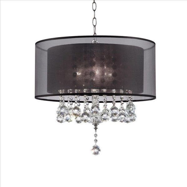 Dual Fabric Shade Ceiling Lamp with Hanging Crystal Accent, Clear and Black - BM240876