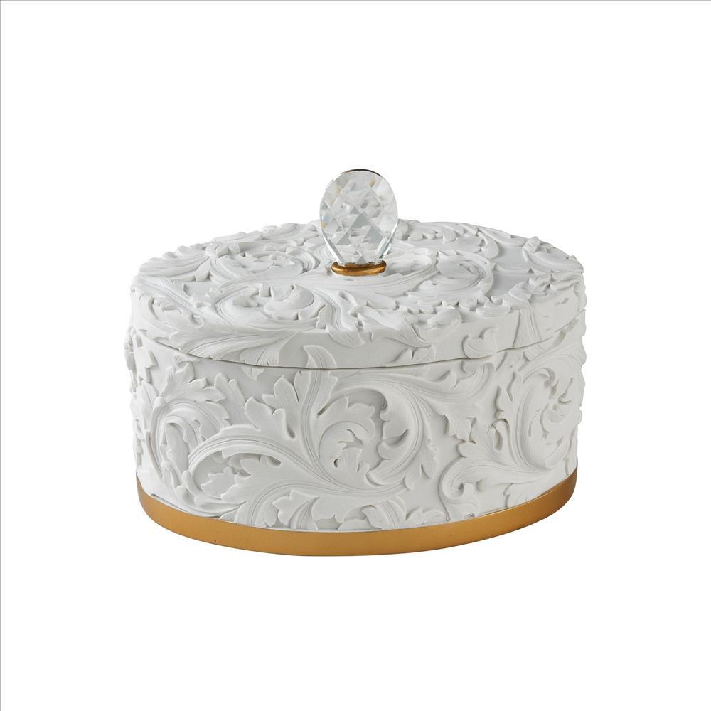 Jewelry Box with Baroque Scroll Design and Crystal Accent, White - BM240880
