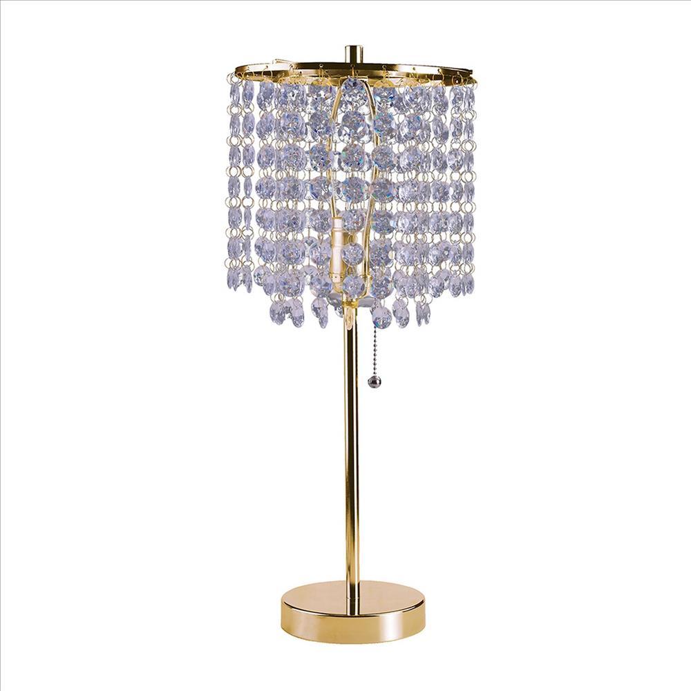 Metal Stalk Design Table Lamp with Hanging Crystals Shade, Gold - BM240890