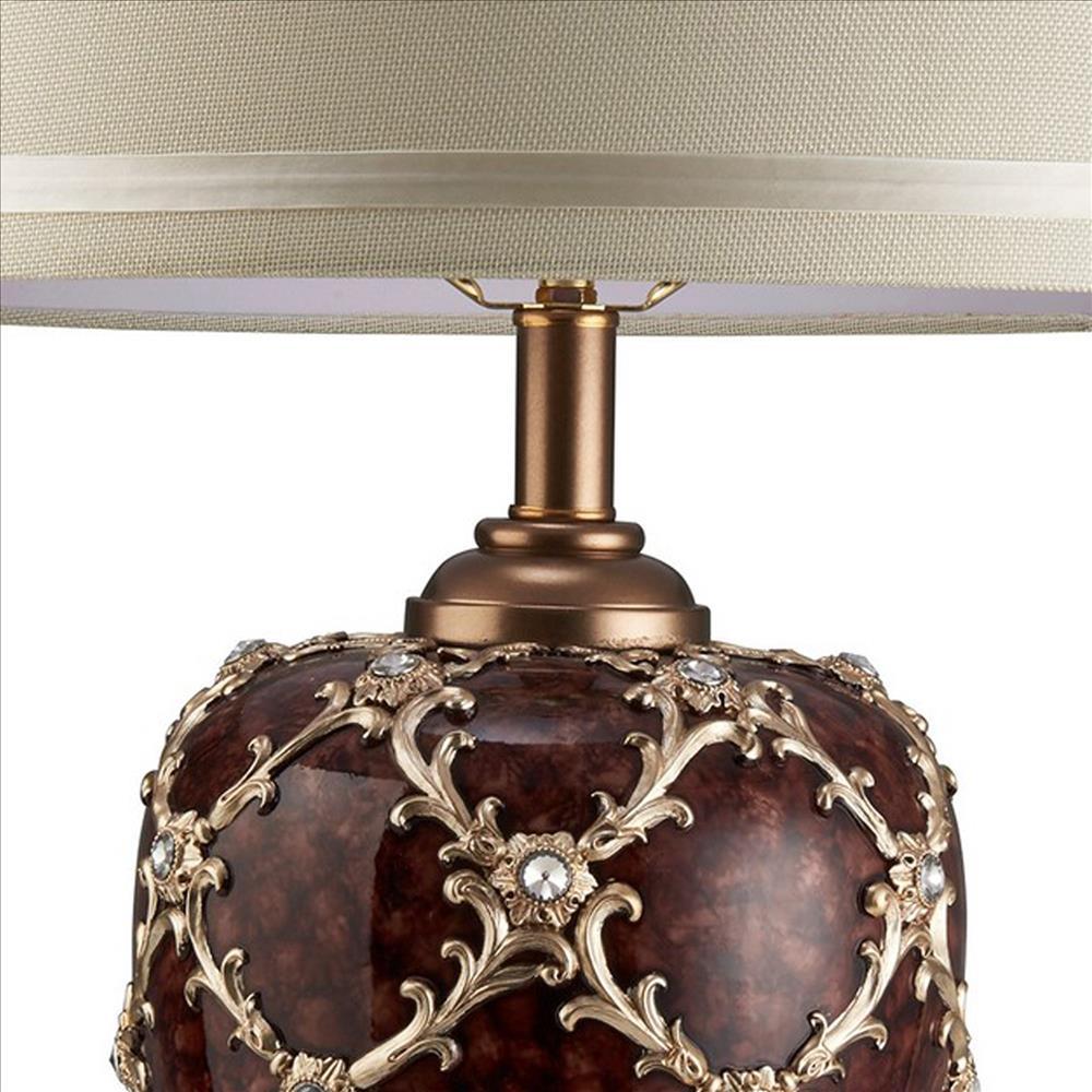Polyresin Urn Shaped Table Lamp with Diamond Stencils Pattern, Brown - BM240901