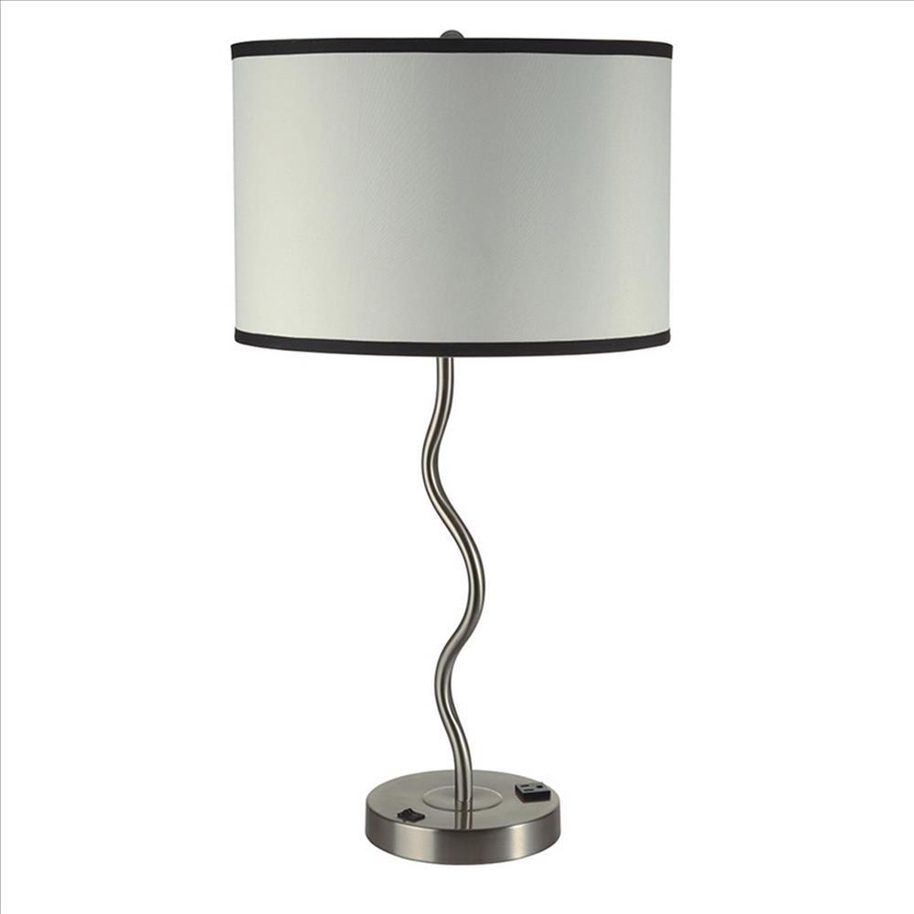 29 Inch Round Drum Shade Table Lamp, Curved Tubular Frame, Silver - BM240916