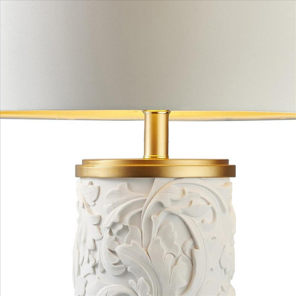 Table Lamp with Polyresin Base and Baroque Scroll Design, White - BM240922