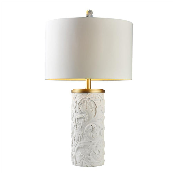 Table Lamp with Polyresin Base and Baroque Scroll Design, White - BM240922
