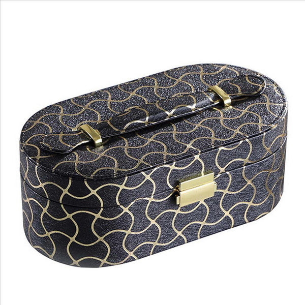 Travel Jewelry Case with 2 Semicircle Slots and Wavy Pattern, Black - BM240929