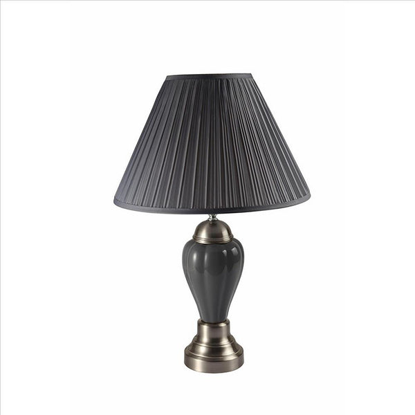 27 Inch Urn Shaped Ceramic Table Lamp, Pleated Fabric Shade, Gray - BM240946