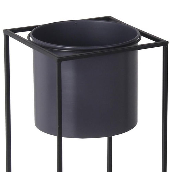 Metal Round Planter with Square Base, Set of 2, Black and Gray - BM240981
