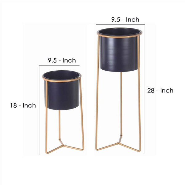 Metal Round Planter with Y Shape Base, Set of 2, Gold and Gray - BM240986