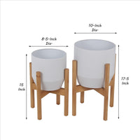 Metal Planter with Round Wooden Legs, Set of 2, White and Brown - BM241047