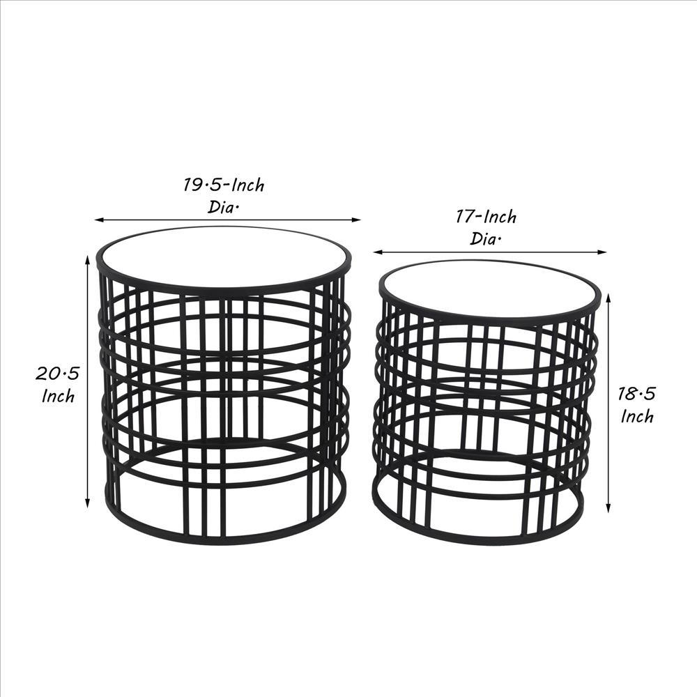 Mirrored Top Round Accent Table with Open Base, Set of 2, Black - BM241052