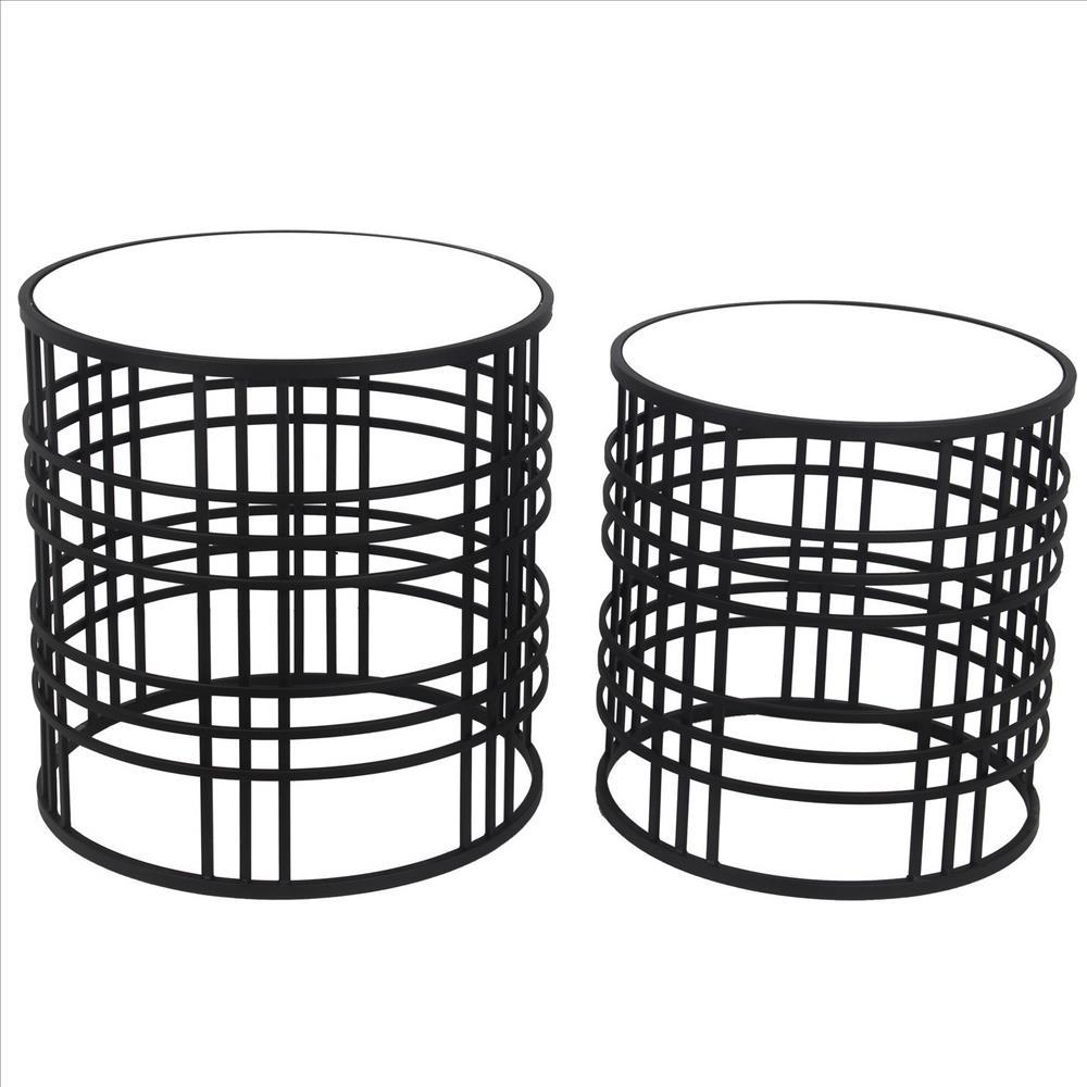 Mirrored Top Round Accent Table with Open Base, Set of 2, Black - BM241052