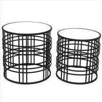 Mirrored Top Round Accent Table with Open Base, Set of 2, Black - BM241052