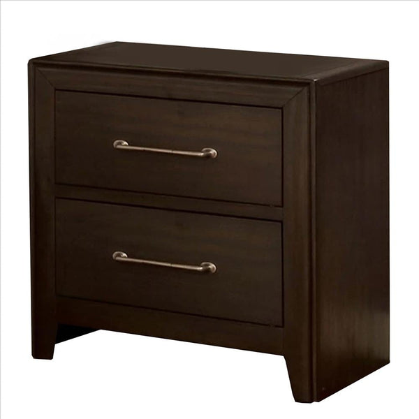 Nightstand with 2 Drawers and Metal Bar Pulls, Walnut Brown - BM241943