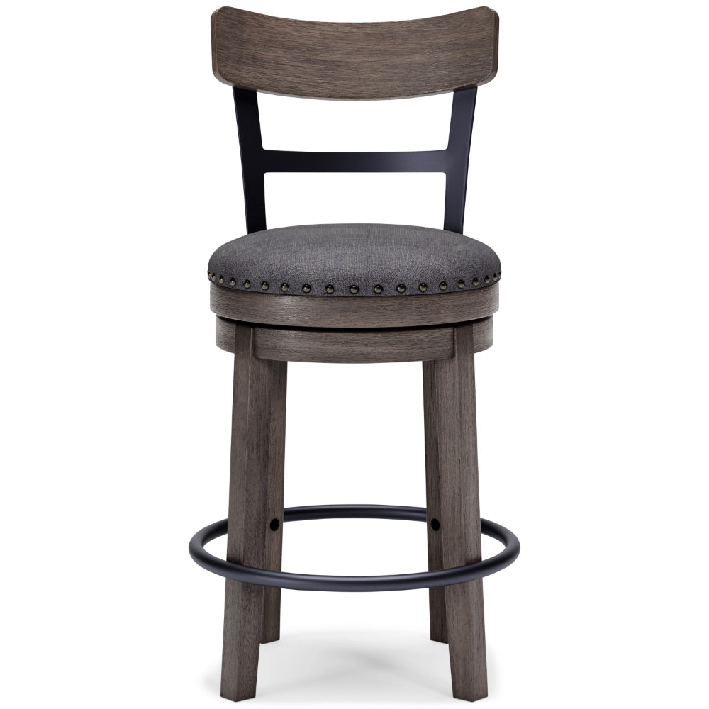 Swivel Barstool with Nailhead Trim and Curved Panel Back, Gray - BM248092