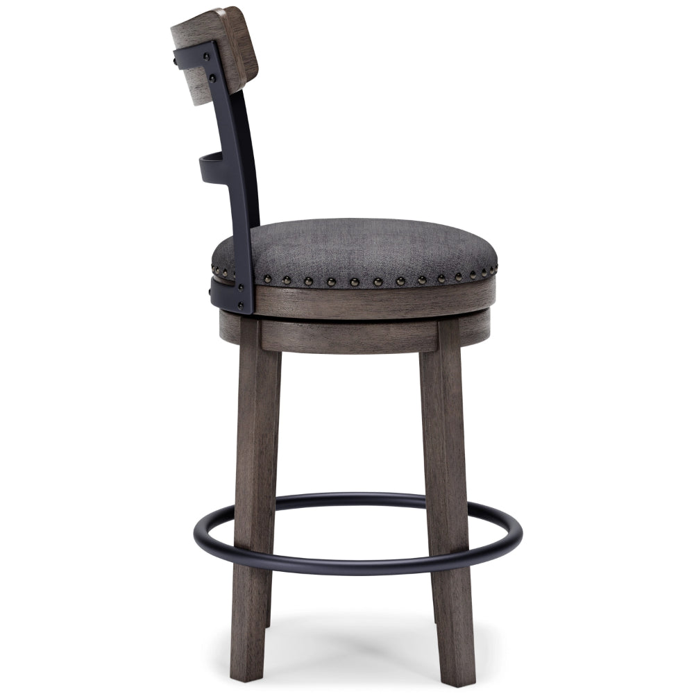 Swivel Barstool with Nailhead Trim and Curved Panel Back, Gray - BM248092