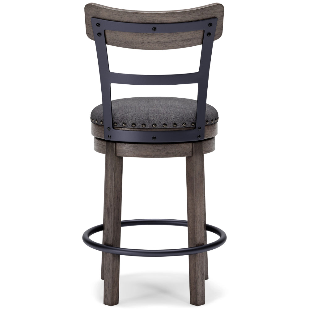 Swivel Barstool with Nailhead Trim and Curved Panel Back, Gray - BM248092