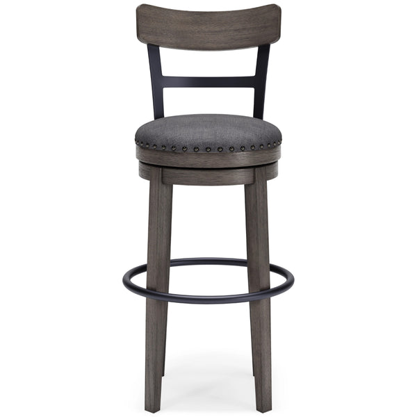 Swivel Barstool with Nailhead Trim and Curved Panel Back, Tall, Gray - BM248094