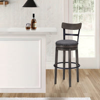 Swivel Barstool with Nailhead Trim and Curved Panel Back, Tall, Gray - BM248094