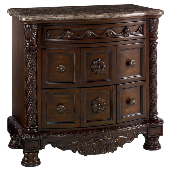 Nightstand with 3 Drawer and Ornate Carved Applique, Brown - BM248120