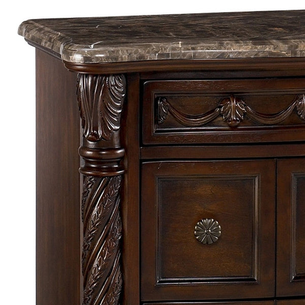 Nightstand with 3 Drawer and Ornate Carved Applique, Brown - BM248120