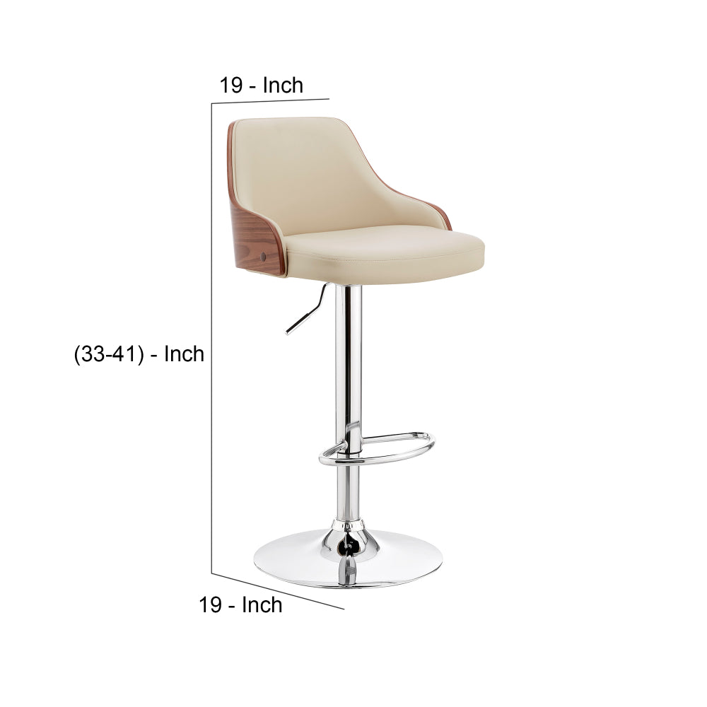 Faux Leather and Metal Adjustable Bar Stool, Cream and Silver - BM248175