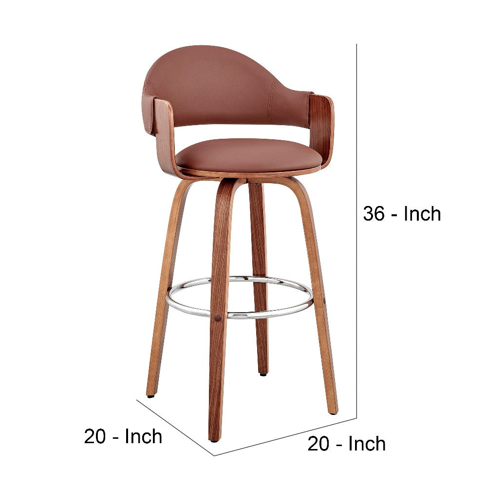 26 Inch Leatherette Barstool with Curved Cushioned Back, Brown - BM248264