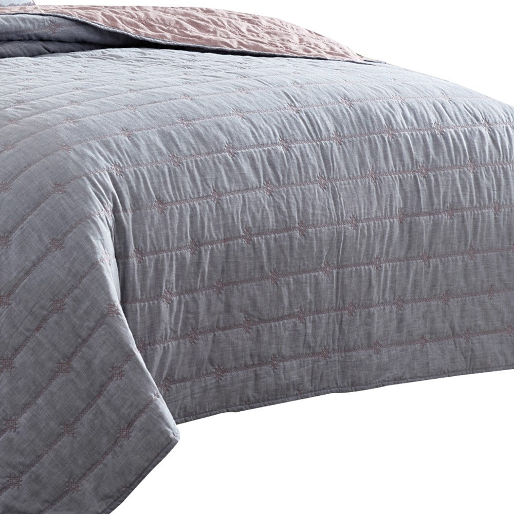 Veria 3 Piece Queen Quilt Set with Channel Stitching  Gray and Pink - BM249994