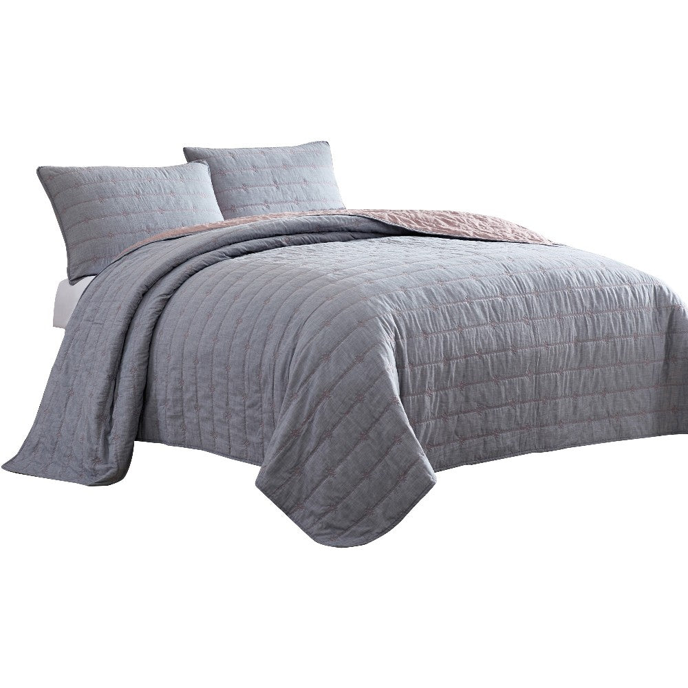 benzara Veria 3 Piece King Quilt Set with Channel Stitching Gray and Pink - BM249995