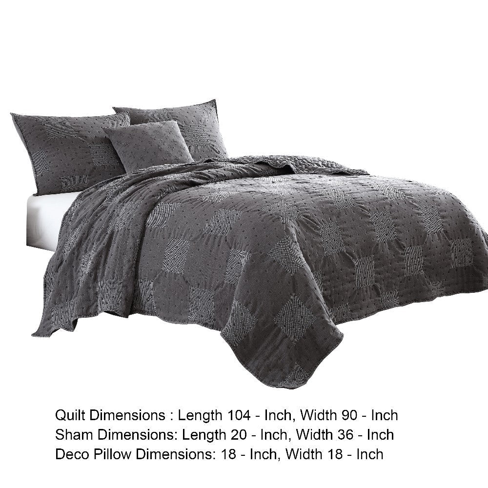 Veria 4 Piece King Quilt Set with Polka Dots  Charcoal Gray - BM250017