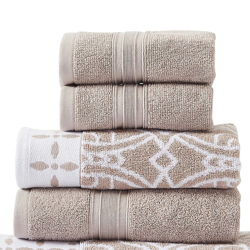 Veria 6 Piece Towel Set with Floral and Geometric Motifs Pattern The Urban Port,Beige - BM250053