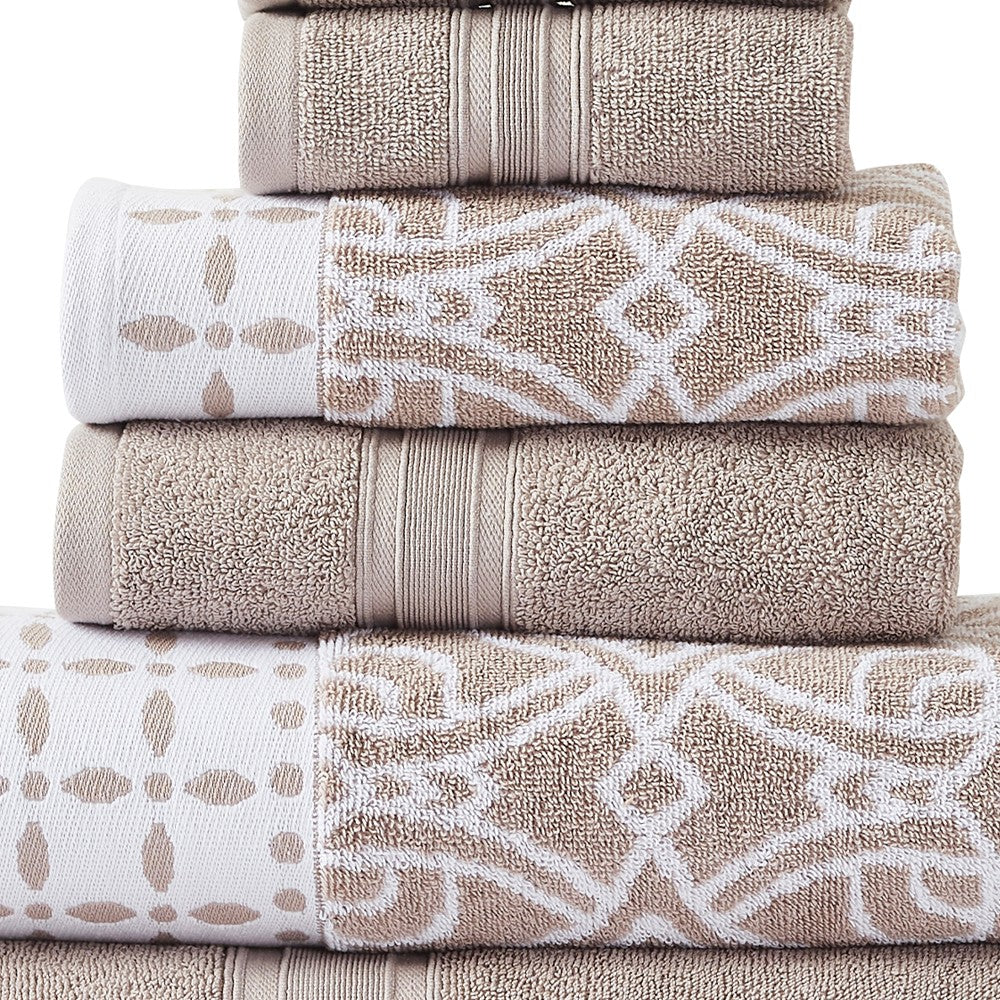 Veria 6 Piece Towel Set with Floral and Geometric Motifs Pattern The Urban Port,Beige - BM250053