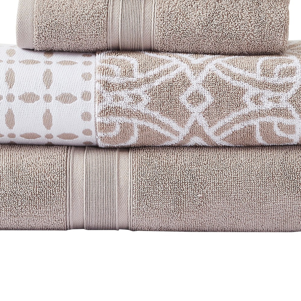 Veria 6 Piece Towel Set with Floral and Geometric Motifs Pattern The Urban Port,Beige - BM250053