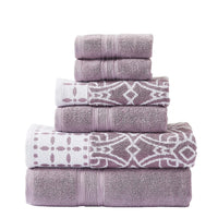 Veria 6 Piece Towel Set with Floral and Geometric Motif Pattern The Urban Port,Purple - BM250054