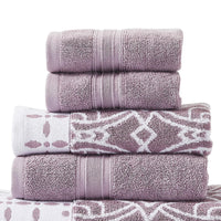 Veria 6 Piece Towel Set with Floral and Geometric Motif Pattern The Urban Port,Purple - BM250054