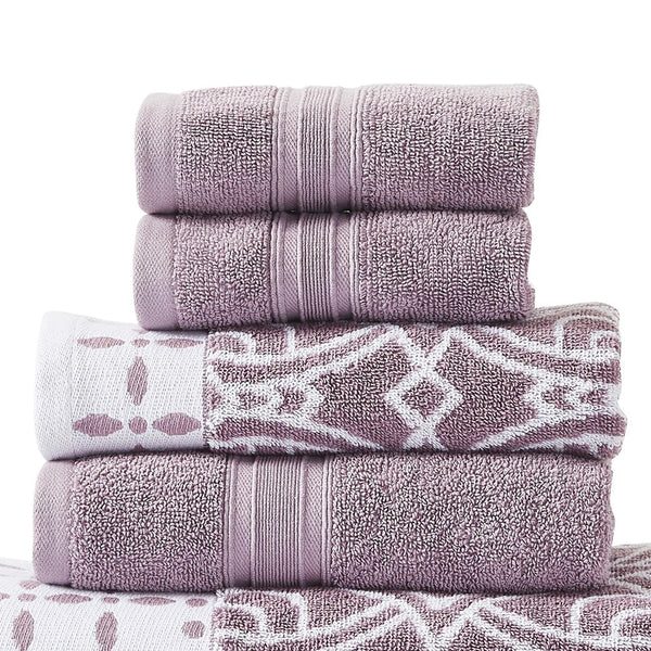 Veria 6 Piece Towel Set with Floral and Geometric Motif Pattern The Urban Port,Purple - BM250054