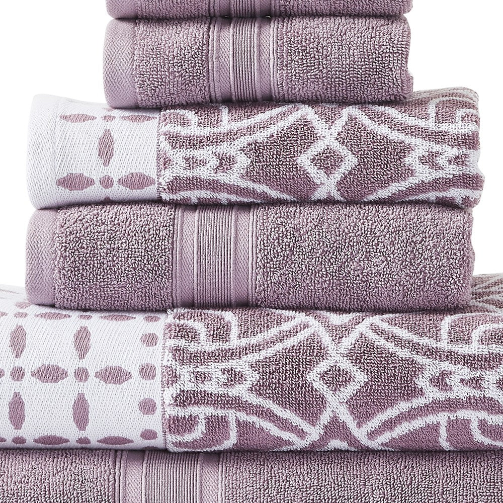 Veria 6 Piece Towel Set with Floral and Geometric Motif Pattern The Urban Port,Purple - BM250054