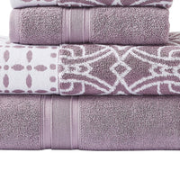 Veria 6 Piece Towel Set with Floral and Geometric Motif Pattern The Urban Port,Purple - BM250054