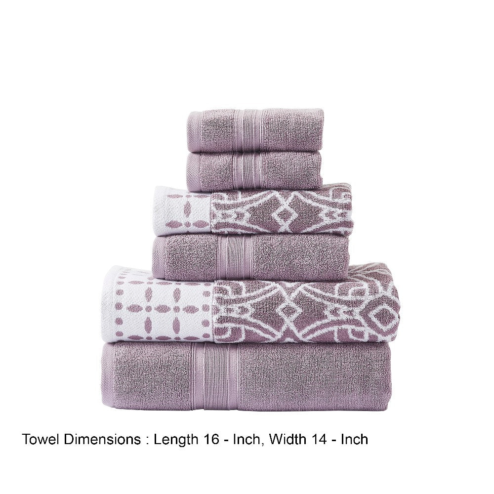 Veria 6 Piece Towel Set with Floral and Geometric Motif Pattern The Urban Port,Purple - BM250054