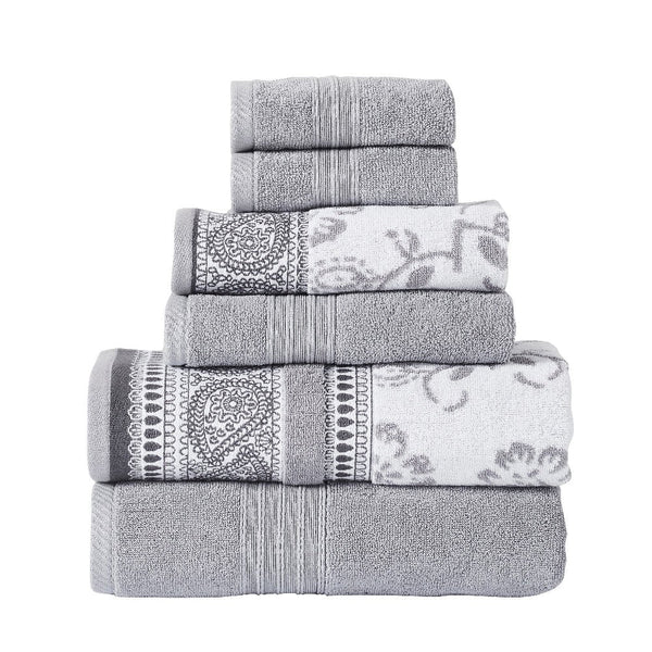 Veria 6 Piece Towel Set with Paisley and Floral Motif Pattern The Urban Port, Gray - BM250058