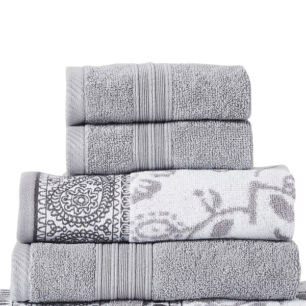 Veria 6 Piece Towel Set with Paisley and Floral Motif Pattern The Urban Port, Gray - BM250058