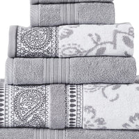 Veria 6 Piece Towel Set with Paisley and Floral Motif Pattern The Urban Port, Gray - BM250058