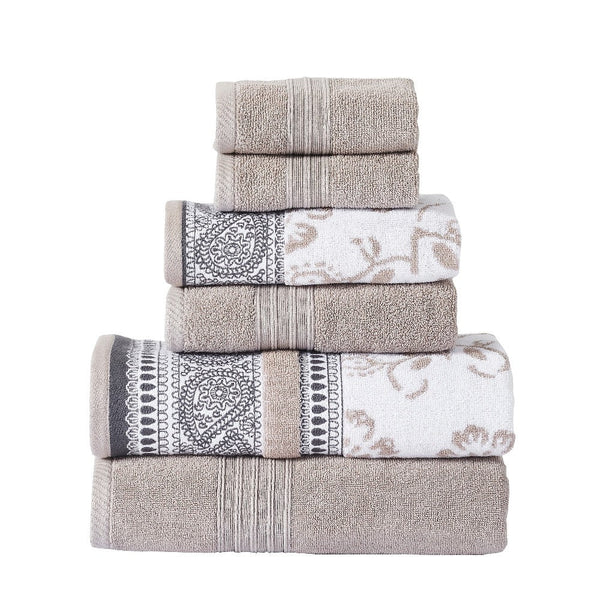 Veria 6 Piece Towel Set with Paisley and Floral Motif Pattern The Urban Port, Beige - BM250059