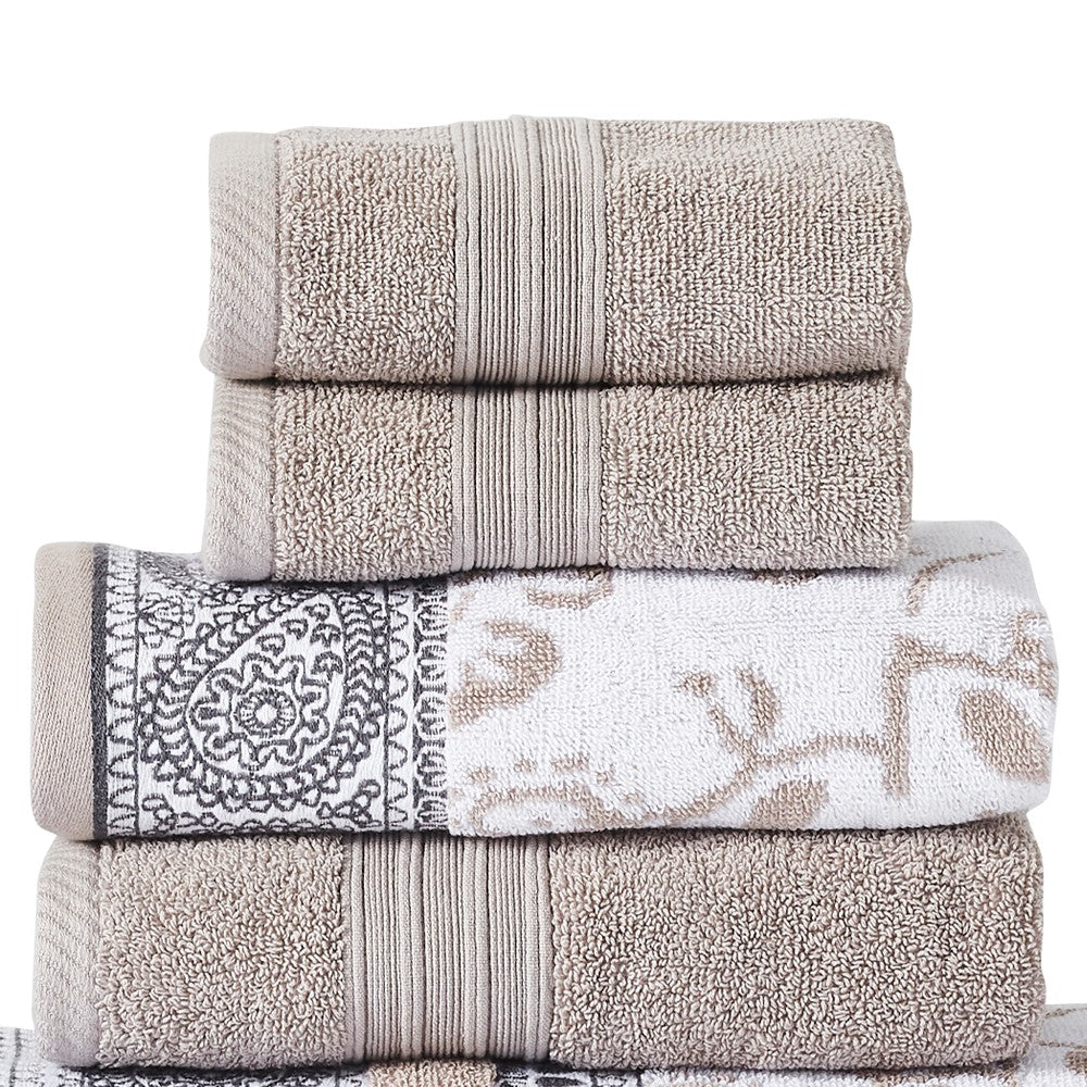 Veria 6 Piece Towel Set with Paisley and Floral Motif Pattern The Urban Port, Beige - BM250059